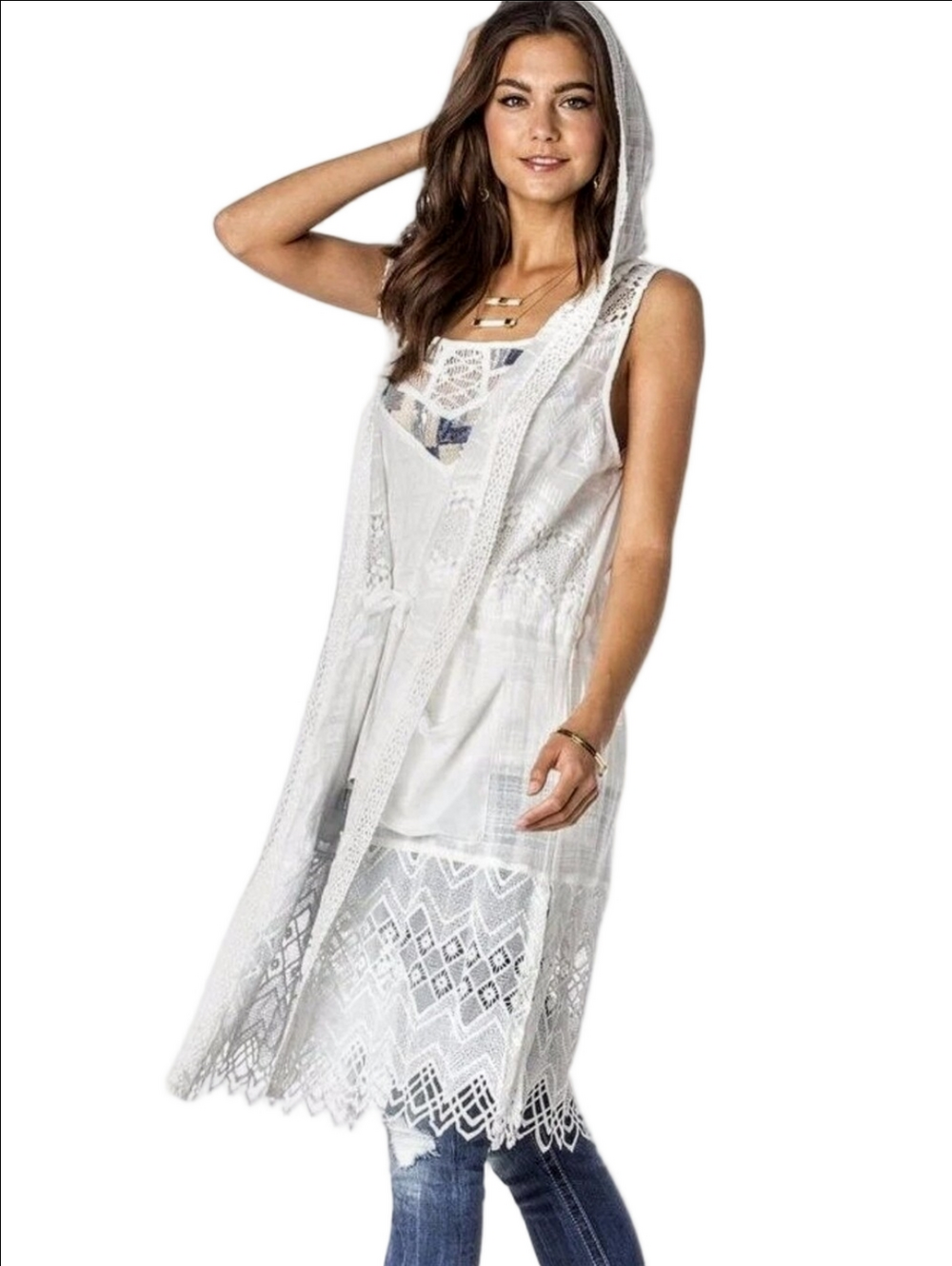 MISS ME CROCHET LACE FAIRY WHITE OPEN FRONT LAYERING DUSTER TOP VEST WITH HOODIE